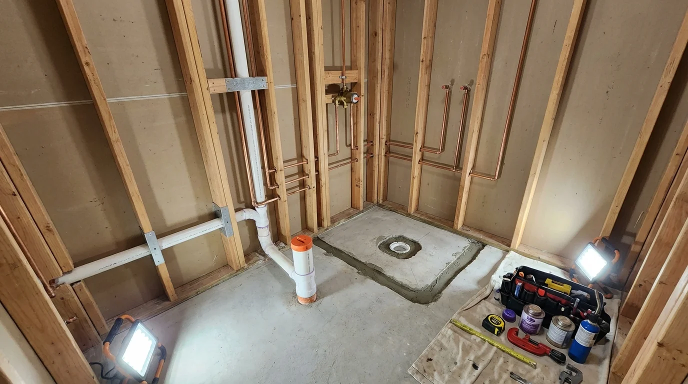 Bathroom rough-in plumbing during remodel by Johns Plumbing LLC in Thorndale