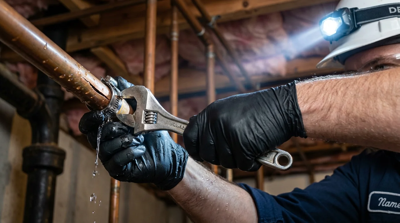 Emergency pipe clamp repair being performed by a Johns Plumbing LLC plumber in Thorndale