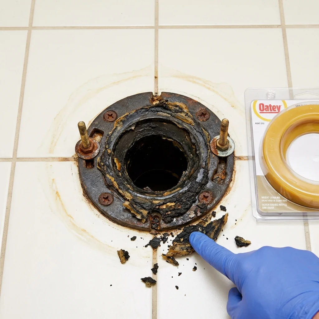 Failed wax ring showing water seepage at the base of a toilet in a Thorndale, PA home