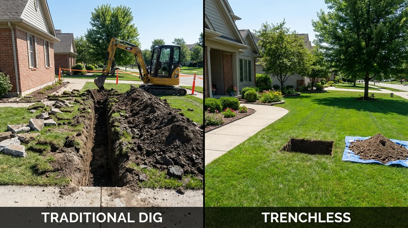 Trenchless sewer repair with minimal yard damage versus traditional excavation in Thorndale, PA