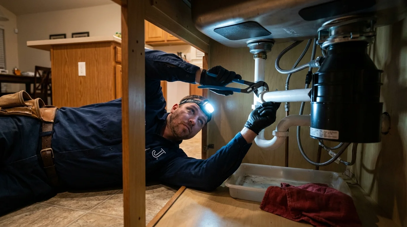 P-trap and supply line connections under a kitchen sink showing a common leak point in Thorndale, PA